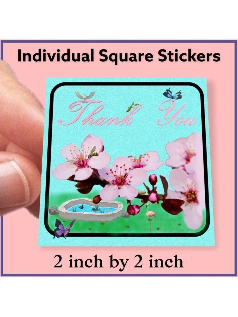 100 (2x2 Inch) Square Stickers, Cherry Blossom Butterfly High Gloss, Thank You - Picture 2 of 3